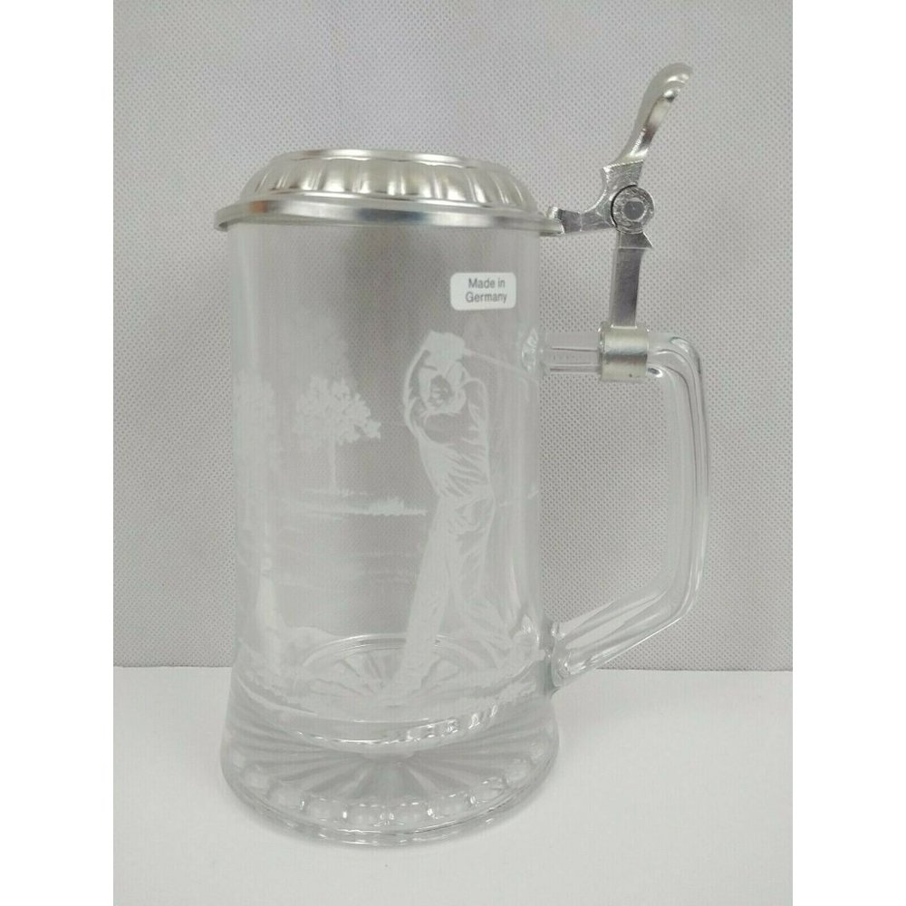 Vintage Made in Germany Etched Glass Golfing Beer Stein W/ Pewter Lid on Handle
